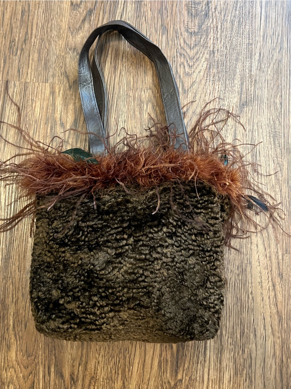 Faux Shearling Tote with Feather Trim - Brown 90s Y2K purse fuzzy furry purse